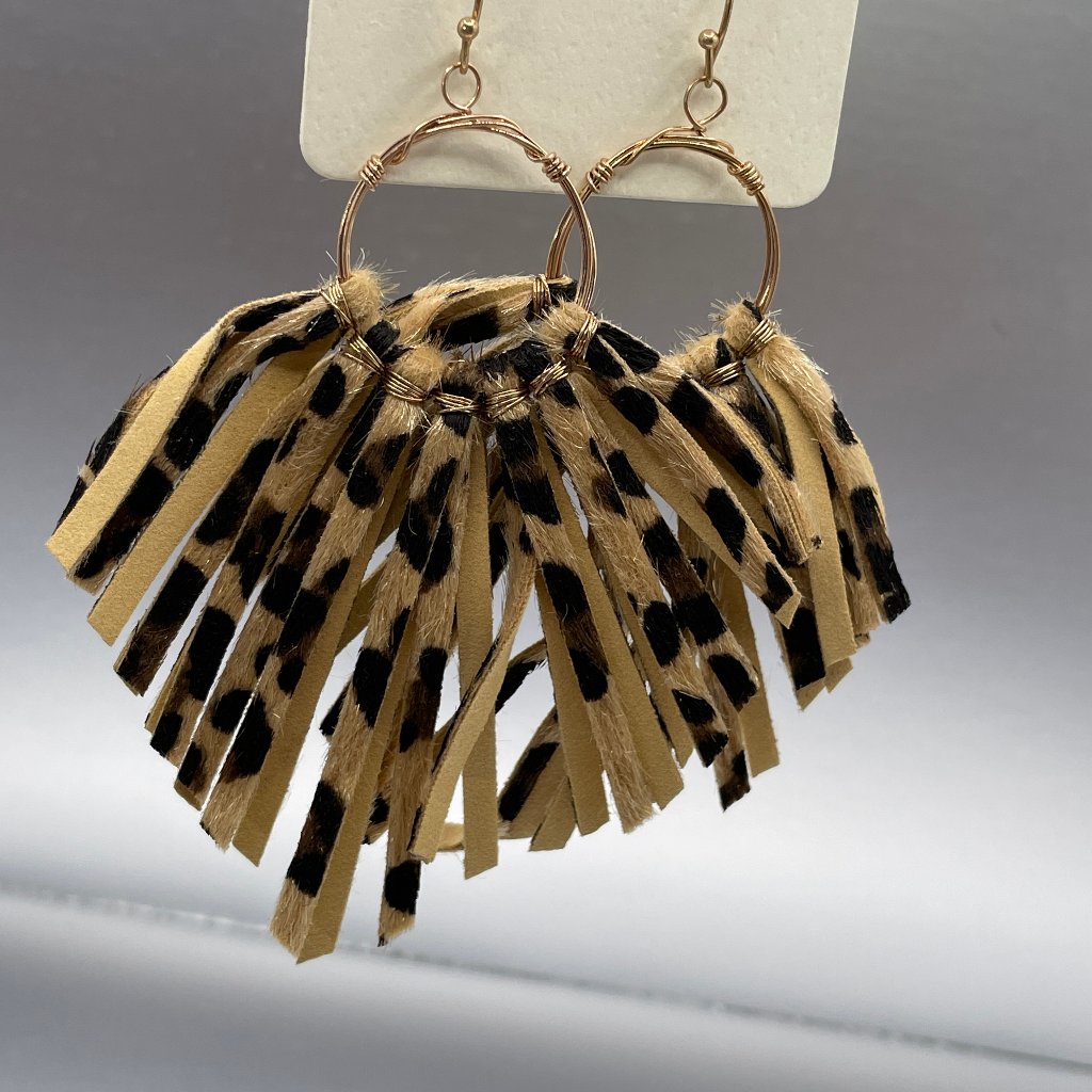 New! Leather Fringe Earrings In Chocolate Cheetah